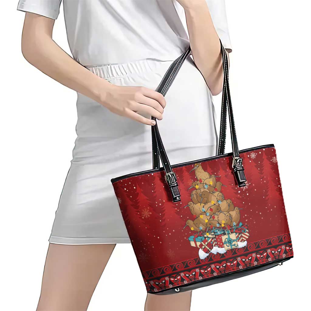 Funny Kiwi Bird Xmas Tree Leather Tote Bag New Zealand Tribal Christmas Spirit LT9 - Polynesian Pride