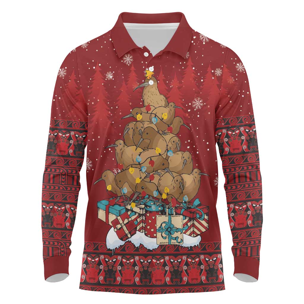 Funny Kiwi Bird Xmas Tree Long Sleeve Polo Shirt New Zealand Tribal Christmas Spirit LT9 Red - Polynesian Pride
