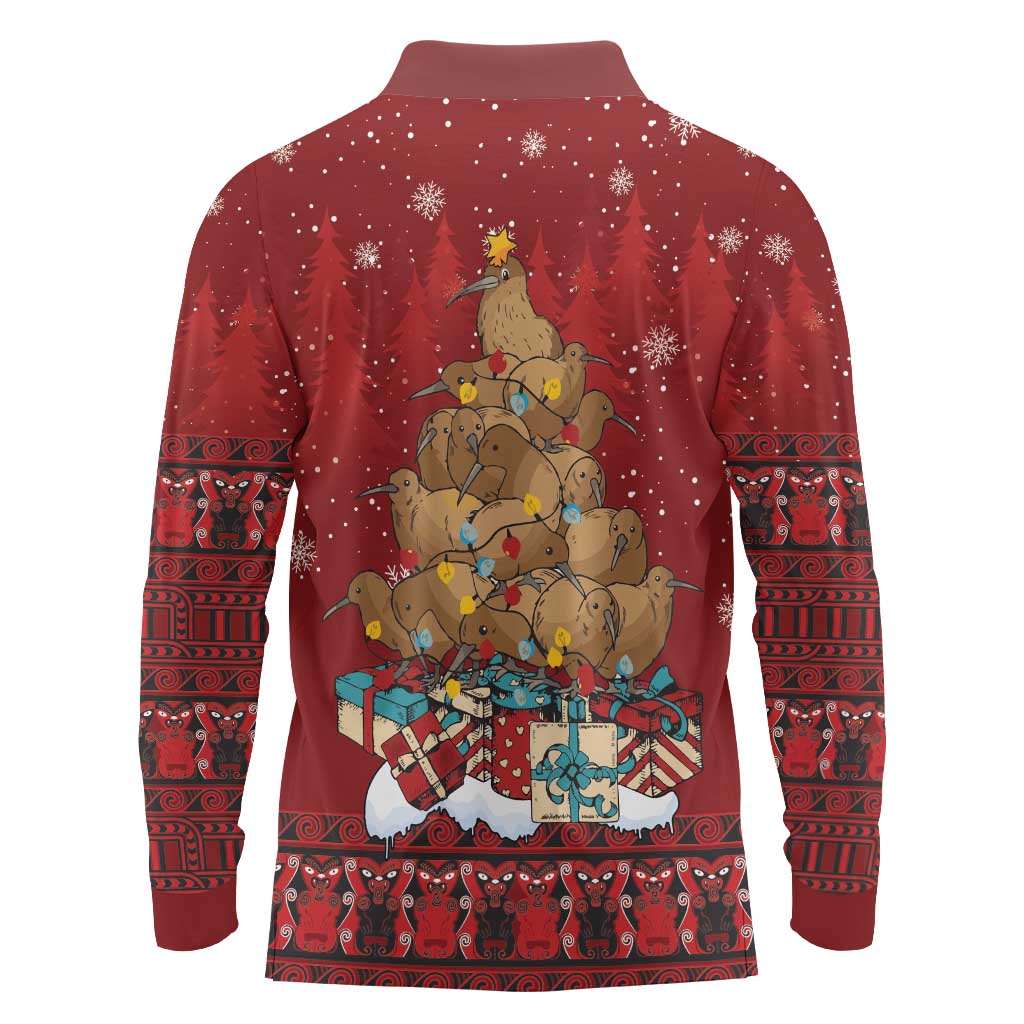 Funny Kiwi Bird Xmas Tree Long Sleeve Polo Shirt New Zealand Tribal Christmas Spirit LT9 - Polynesian Pride