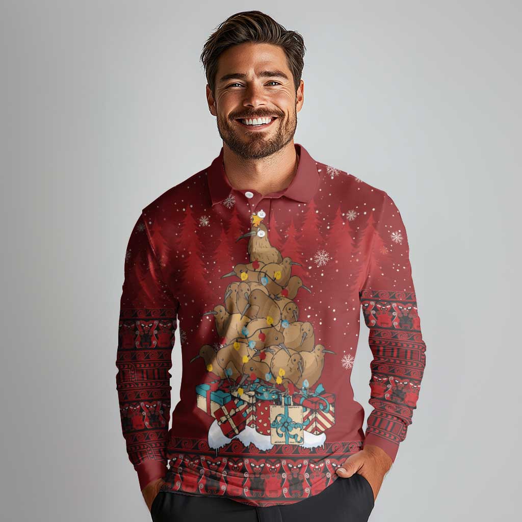 Funny Kiwi Bird Xmas Tree Long Sleeve Polo Shirt New Zealand Tribal Christmas Spirit LT9 - Polynesian Pride