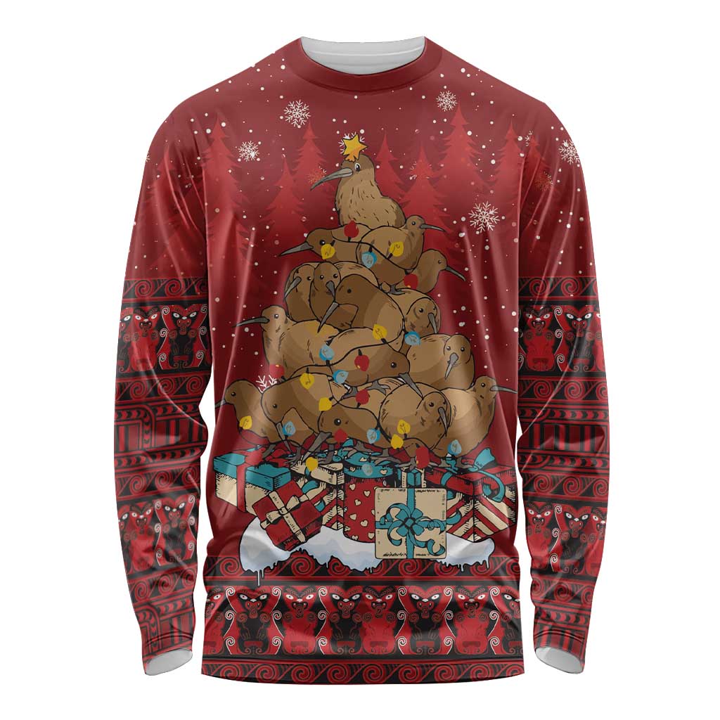 Funny Kiwi Bird Xmas Tree Long Sleeve Shirt New Zealand Tribal Christmas Spirit LT9 Unisex Red - Polynesian Pride