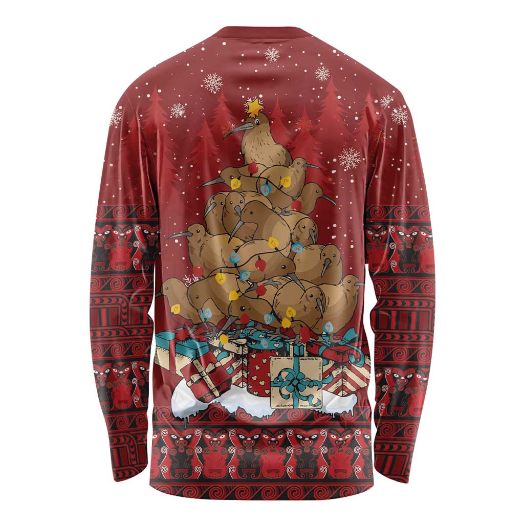 Funny Kiwi Bird Xmas Tree Long Sleeve Shirt New Zealand Tribal Christmas Spirit LT9 - Polynesian Pride