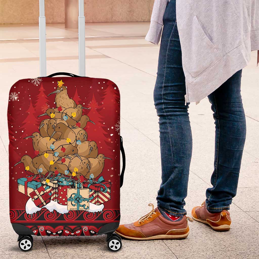 Funny Kiwi Bird Xmas Tree Luggage Cover New Zealand Tribal Christmas Spirit LT9 Red - Polynesian Pride