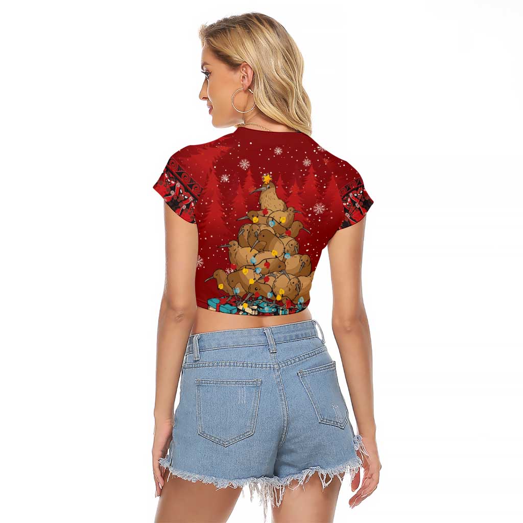 Funny Kiwi Bird Xmas Tree Raglan Cropped T Shirt New Zealand Tribal Christmas Spirit LT9 - Polynesian Pride