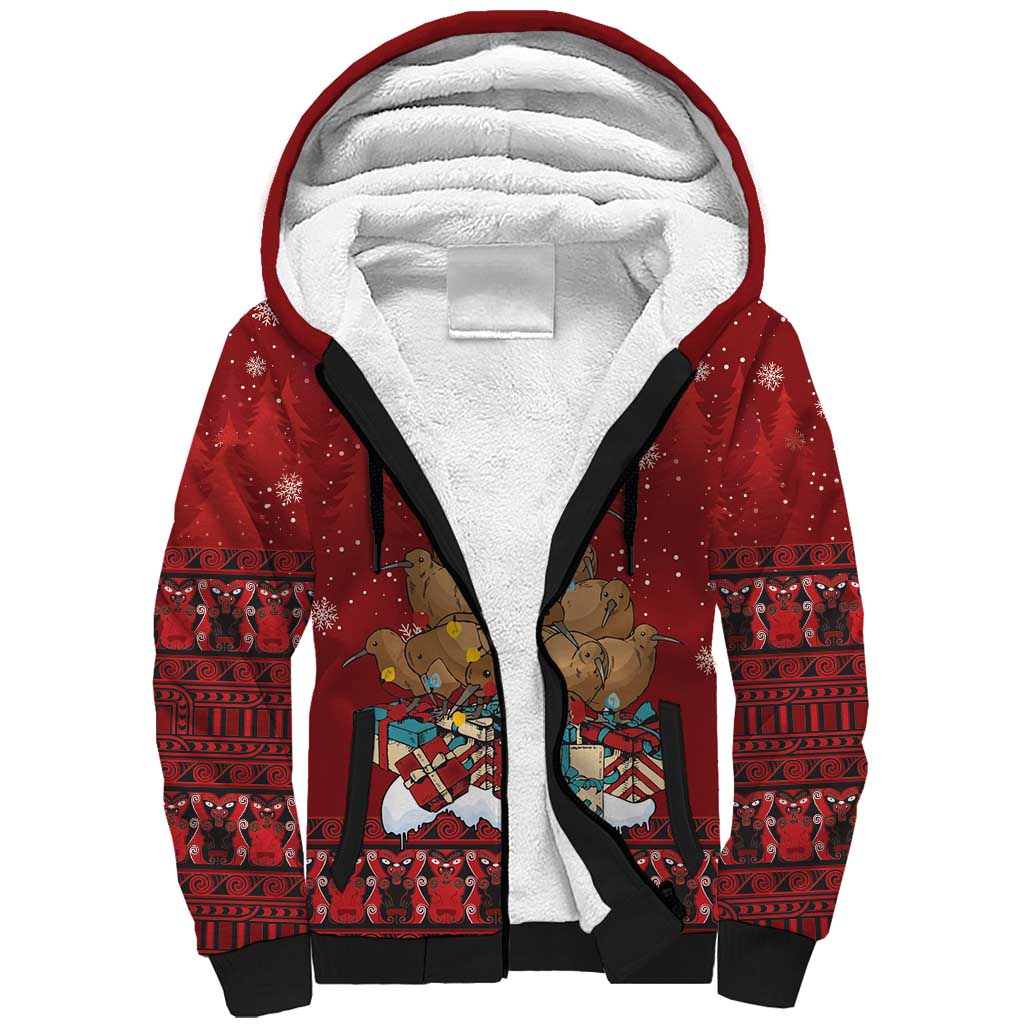 Funny Kiwi Bird Xmas Tree Sherpa Hoodie New Zealand Tribal Christmas Spirit LT9 Unisex Red - Polynesian Pride