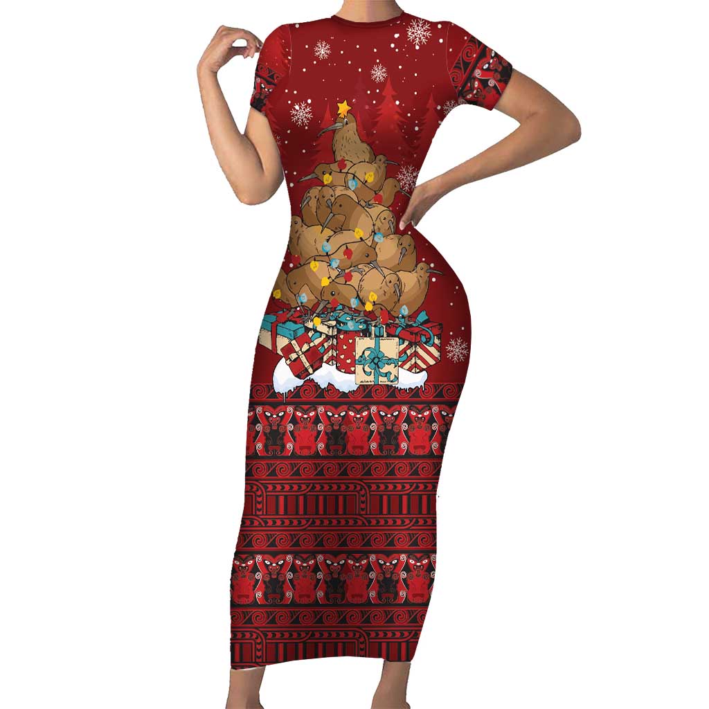 Funny Kiwi Bird Xmas Tree Short Sleeve Bodycon Dress New Zealand Tribal Christmas Spirit LT9 Long Dress Red - Polynesian Pride