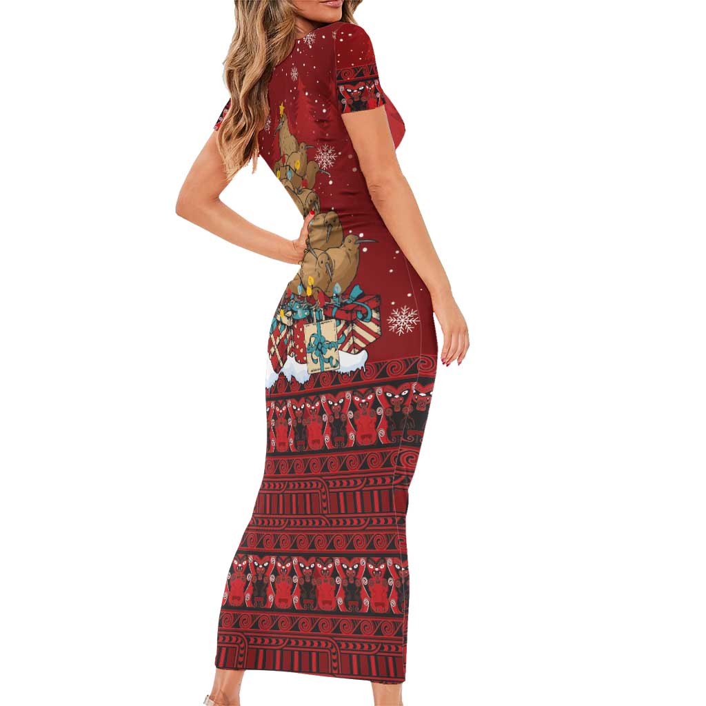 Funny Kiwi Bird Xmas Tree Short Sleeve Bodycon Dress New Zealand Tribal Christmas Spirit LT9 - Polynesian Pride