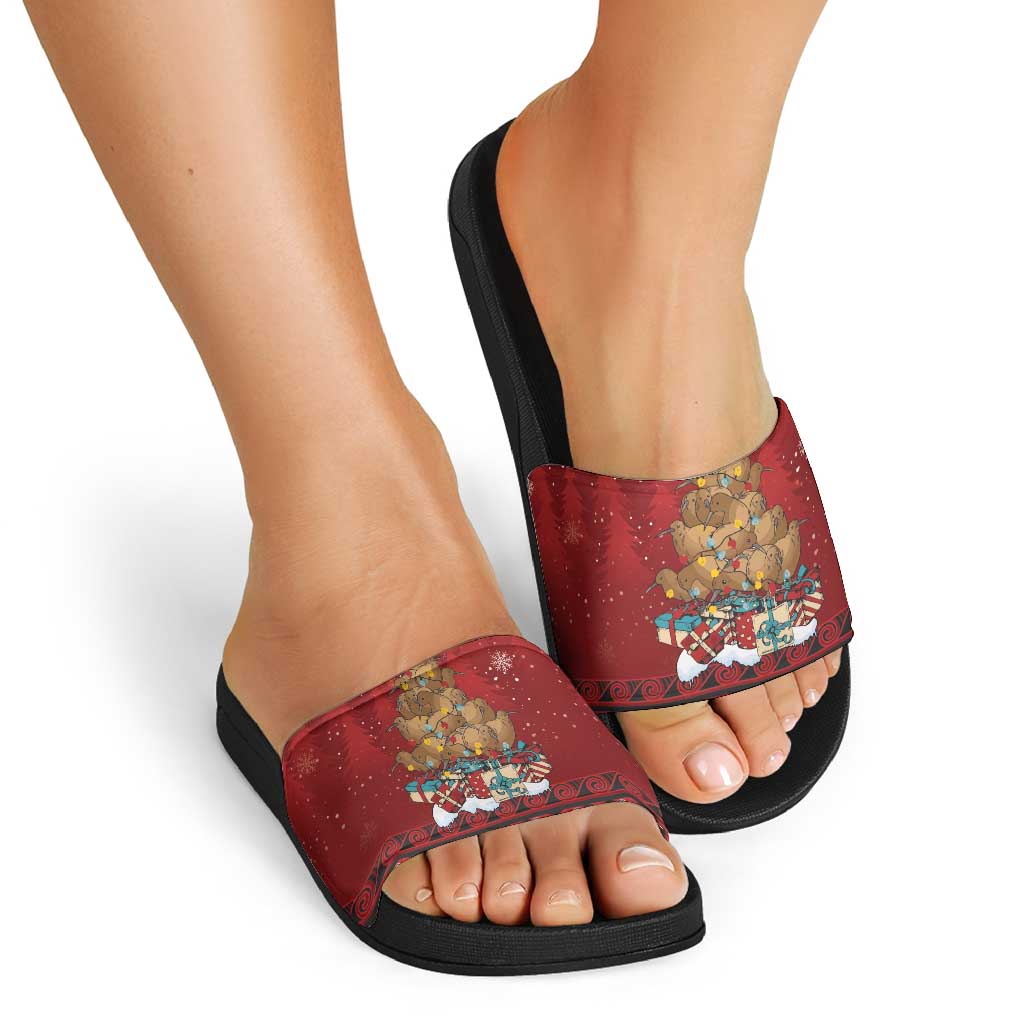 Funny Kiwi Bird Xmas Tree Slide Sandals New Zealand Tribal Christmas Spirit - Polynesian Pride