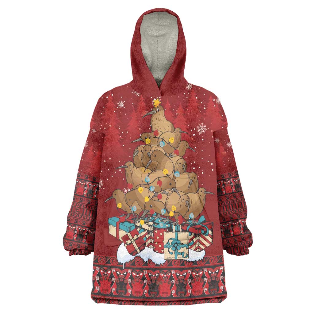 Funny Kiwi Bird Xmas Tree Wearable Blanket Hoodie New Zealand Tribal Christmas Spirit LT9 One Size Red - Polynesian Pride