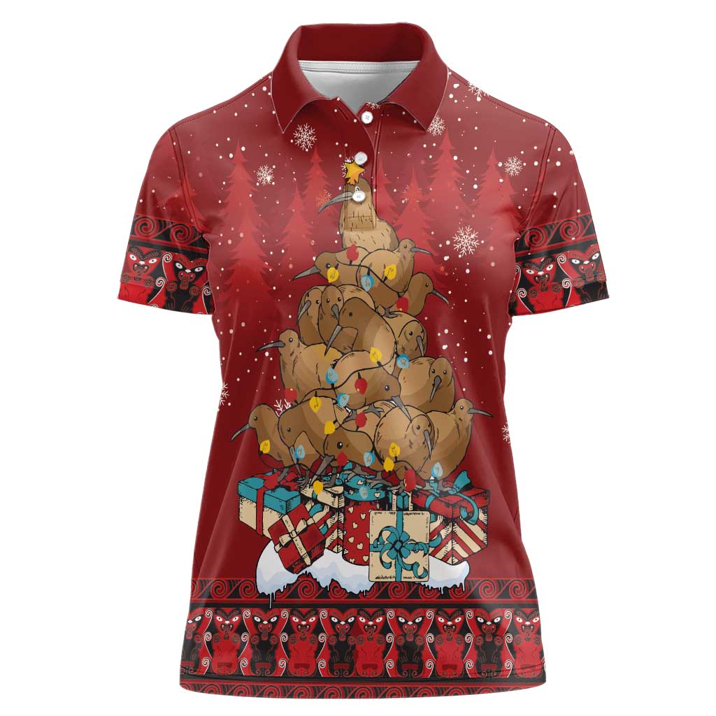 Funny Kiwi Bird Xmas Tree Women Polo Shirt New Zealand Tribal Christmas Spirit LT9 Female Red - Polynesian Pride