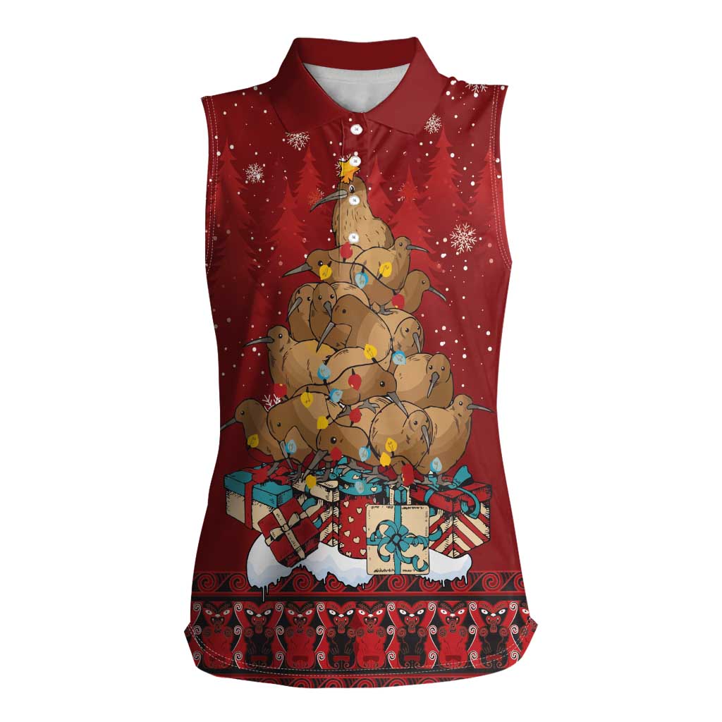Funny Kiwi Bird Xmas Tree Women Sleeveless Polo Shirt New Zealand Tribal Christmas Spirit LT9 Female Red - Polynesian Pride