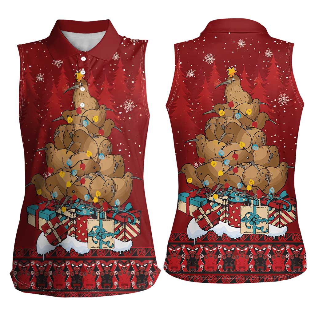 Funny Kiwi Bird Xmas Tree Women Sleeveless Polo Shirt New Zealand Tribal Christmas Spirit LT9 - Polynesian Pride