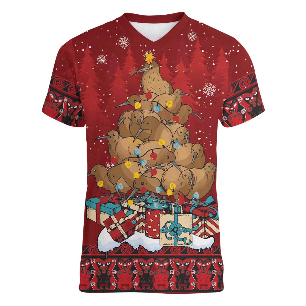 Funny Kiwi Bird Xmas Tree Women V-Neck T-Shirt New Zealand Tribal Christmas Spirit LT9 Female Red - Polynesian Pride