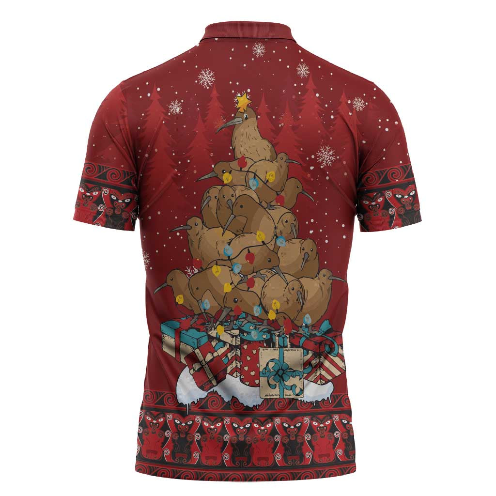 Funny Kiwi Bird Xmas Tree Zipper Polo Shirt New Zealand Tribal Christmas Spirit LT9 - Polynesian Pride