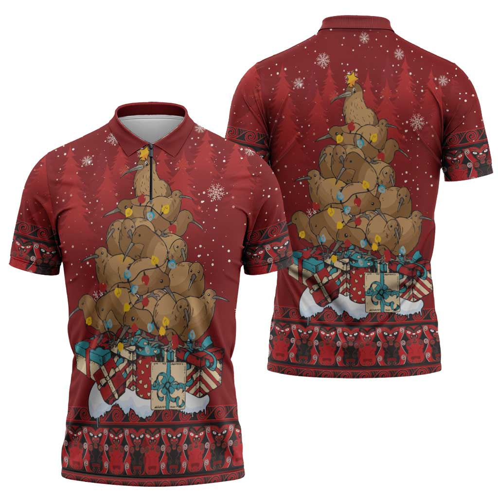 Funny Kiwi Bird Xmas Tree Zipper Polo Shirt New Zealand Tribal Christmas Spirit LT9 - Polynesian Pride