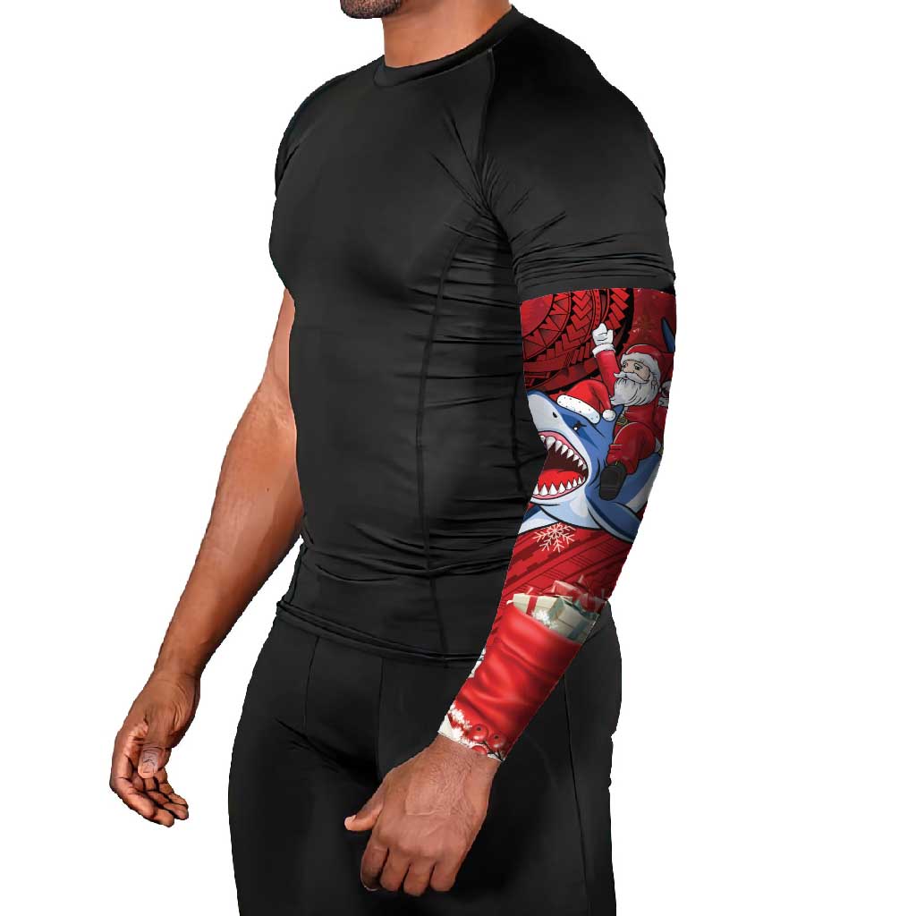 Funny Santa Riding Shark Arm Sleeves Polynesian Tribal Christmas Spirit - Polynesian Pride