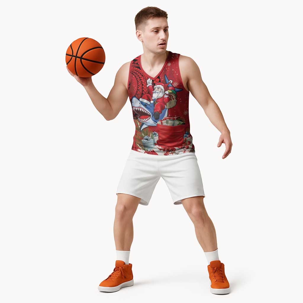 Funny Santa Riding Shark Basketball Jersey Polynesian Tribal Christmas Spirit - Polynesian Pride