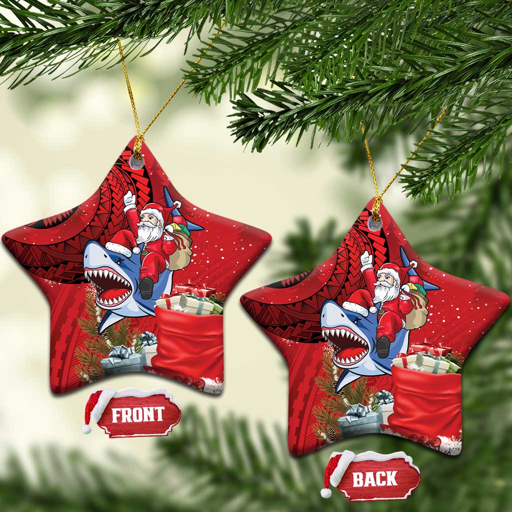 Funny Santa Riding Shark Ceramic Ornament Polynesian Tribal Christmas Spirit - Polynesian Pride