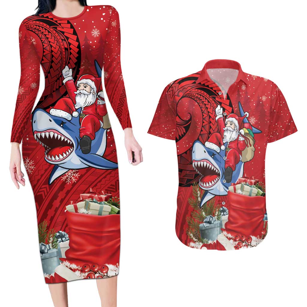 Funny Santa Riding Shark Couples Matching Long Sleeve Bodycon Dress and Hawaiian Shirt Polynesian Tribal Christmas Spirit LT9 Red - Polynesian Pride