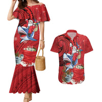 Funny Santa Riding Shark Couples Matching Mermaid Dress and Hawaiian Shirt Polynesian Tribal Christmas Spirit LT9 Red - Polynesian Pride