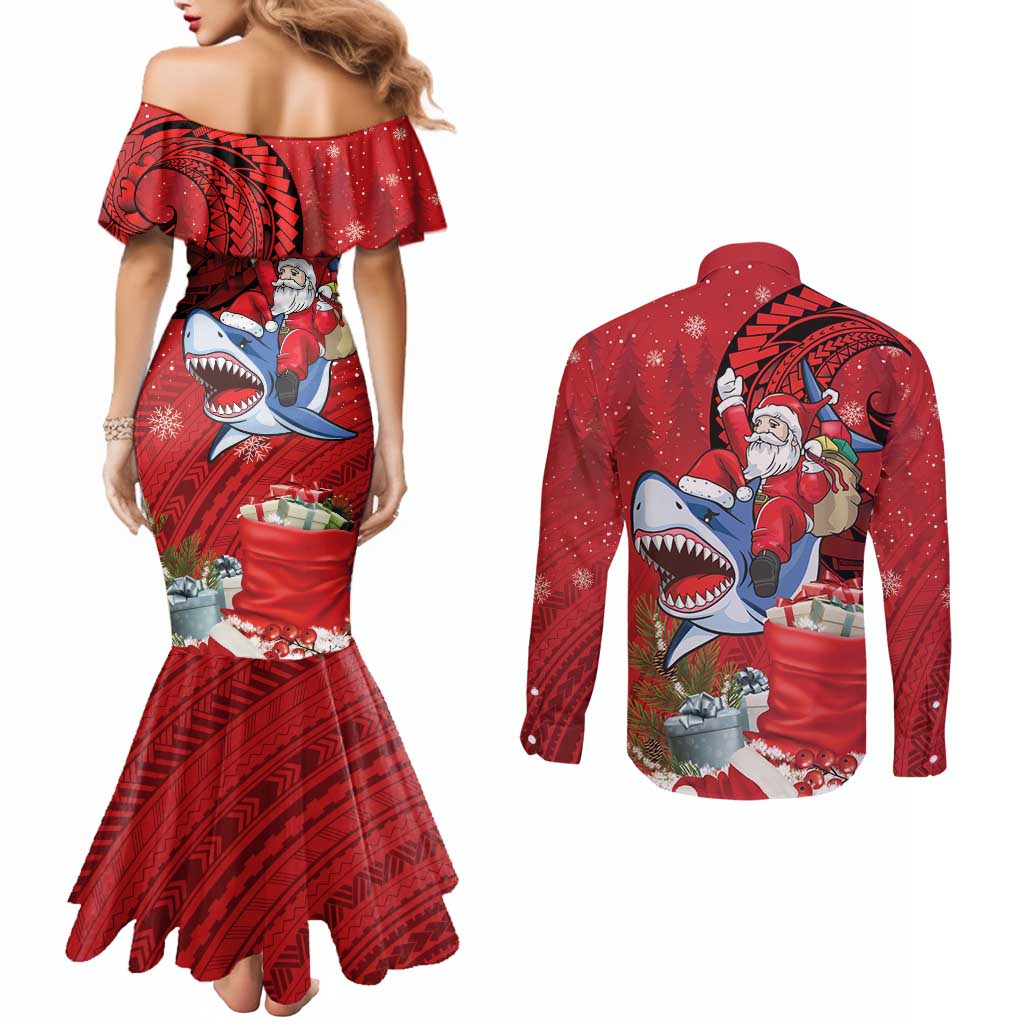 Funny Santa Riding Shark Couples Matching Mermaid Dress and Long Sleeve Button Shirt Polynesian Tribal Christmas Spirit LT9 - Polynesian Pride