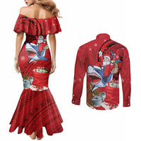 Funny Santa Riding Shark Couples Matching Mermaid Dress and Long Sleeve Button Shirt Polynesian Tribal Christmas Spirit LT9 - Polynesian Pride