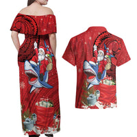 Funny Santa Riding Shark Couples Matching Off Shoulder Maxi Dress and Hawaiian Shirt Polynesian Tribal Christmas Spirit LT9 - Polynesian Pride