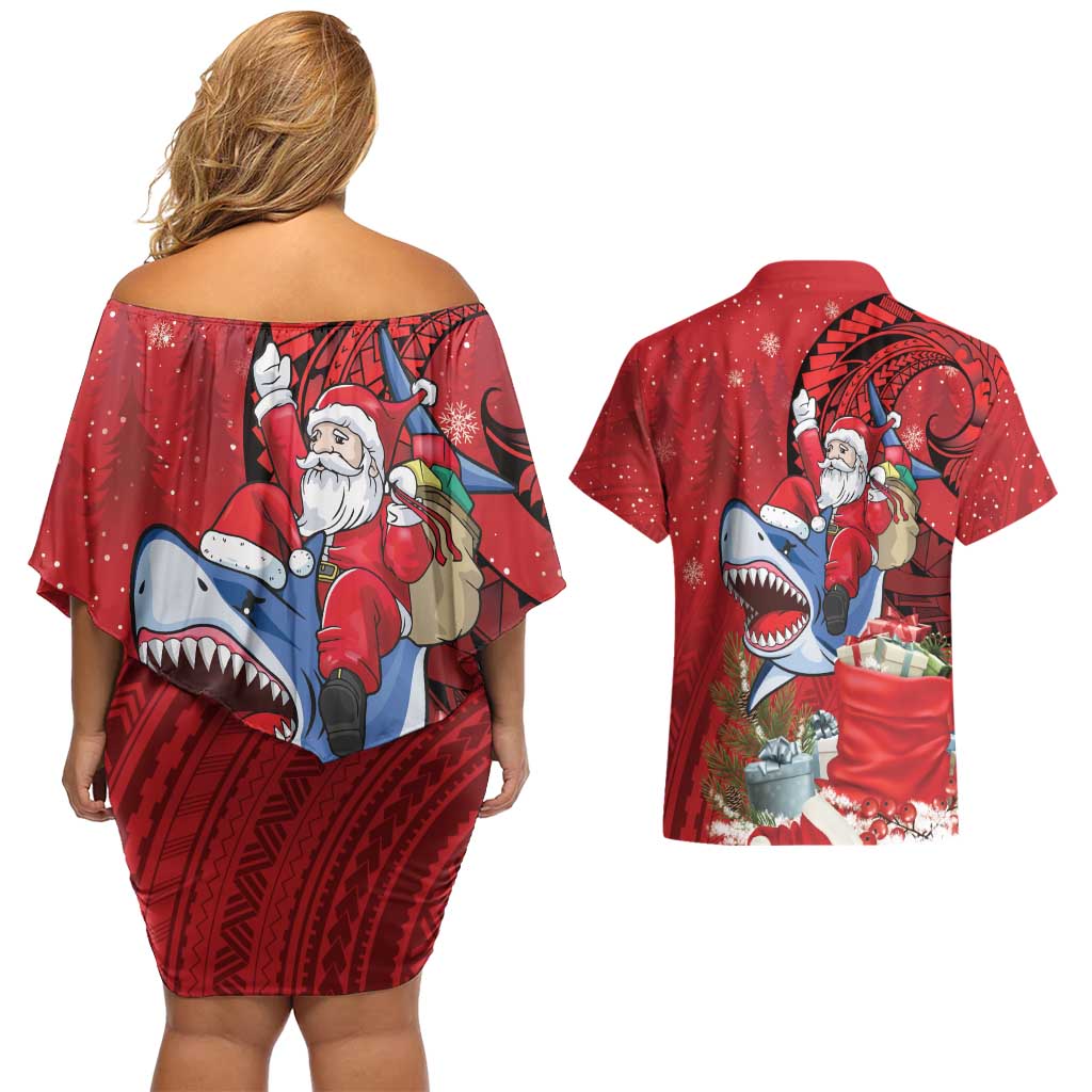 Funny Santa Riding Shark Couples Matching Off Shoulder Short Dress and Hawaiian Shirt Polynesian Tribal Christmas Spirit LT9 - Polynesian Pride