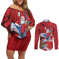 Funny Santa Riding Shark Couples Matching Off Shoulder Short Dress and Long Sleeve Button Shirt Polynesian Tribal Christmas Spirit LT9 Red - Polynesian Pride