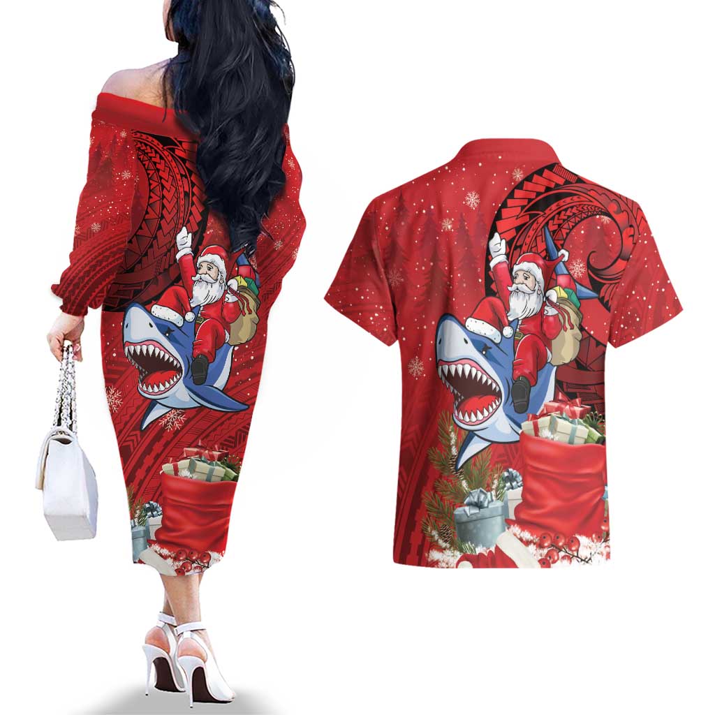 Funny Santa Riding Shark Couples Matching Off The Shoulder Long Sleeve Dress and Hawaiian Shirt Polynesian Tribal Christmas Spirit LT9 - Polynesian Pride