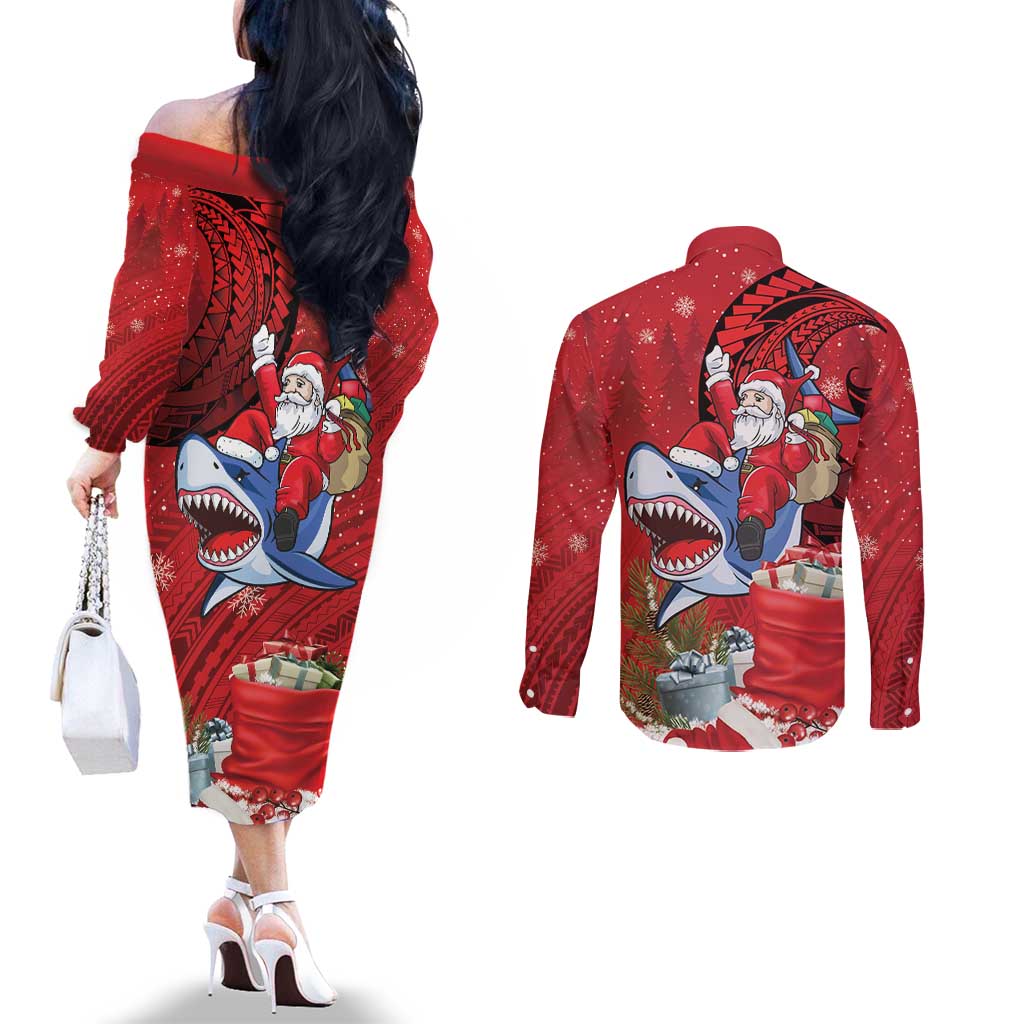 Funny Santa Riding Shark Couples Matching Off The Shoulder Long Sleeve Dress and Long Sleeve Button Shirt Polynesian Tribal Christmas Spirit LT9 - Polynesian Pride