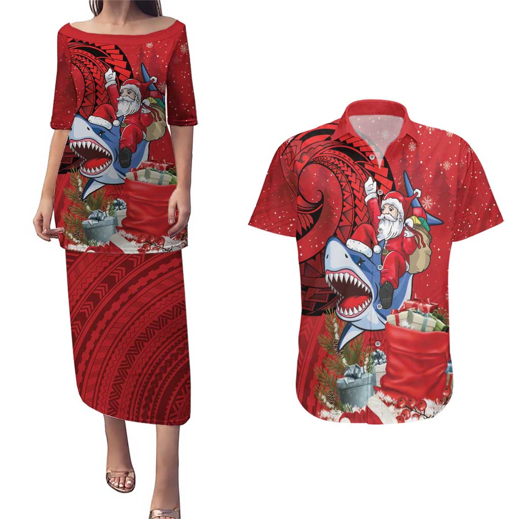 Funny Santa Riding Shark Couples Matching Puletasi and Hawaiian Shirt Polynesian Tribal Christmas Spirit LT9 Red - Polynesian Pride