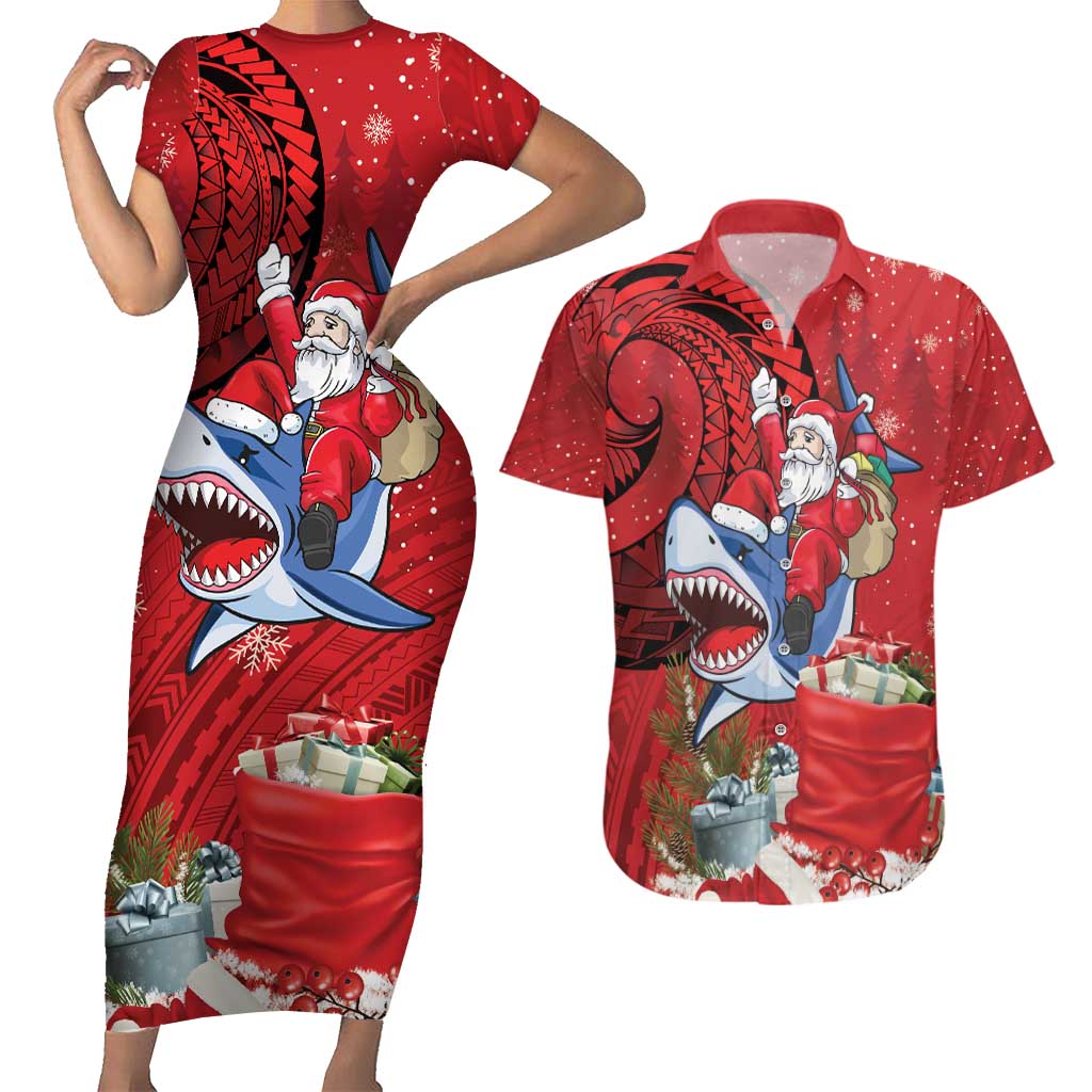 Funny Santa Riding Shark Couples Matching Short Sleeve Bodycon Dress and Hawaiian Shirt Polynesian Tribal Christmas Spirit LT9 Red - Polynesian Pride