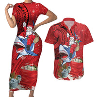Funny Santa Riding Shark Couples Matching Short Sleeve Bodycon Dress and Hawaiian Shirt Polynesian Tribal Christmas Spirit LT9 Red - Polynesian Pride