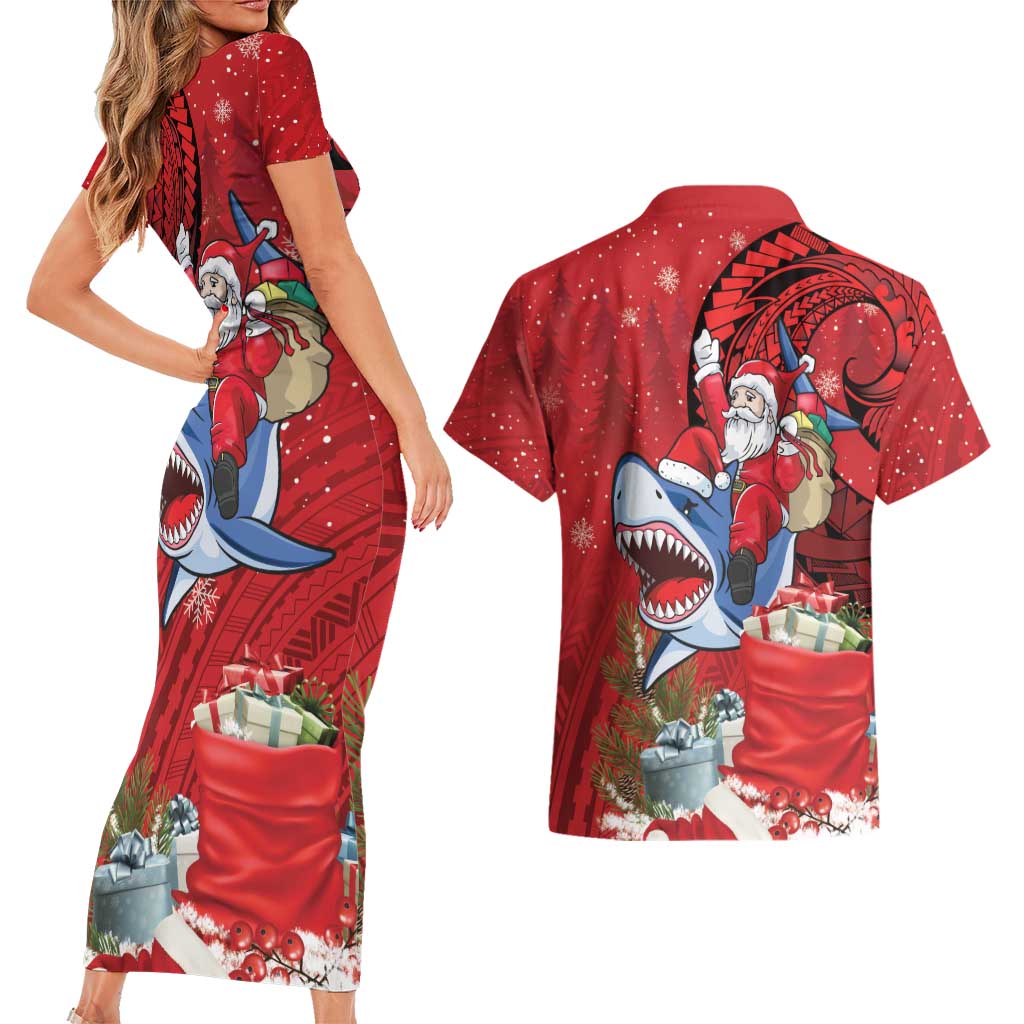 Funny Santa Riding Shark Couples Matching Short Sleeve Bodycon Dress and Hawaiian Shirt Polynesian Tribal Christmas Spirit LT9 - Polynesian Pride