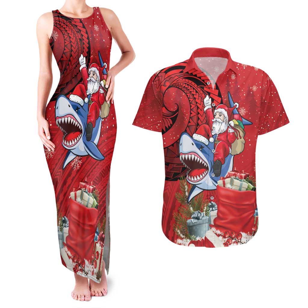 Funny Santa Riding Shark Couples Matching Tank Maxi Dress and Hawaiian Shirt Polynesian Tribal Christmas Spirit LT9 Red - Polynesian Pride
