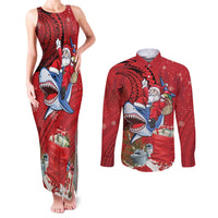Funny Santa Riding Shark Couples Matching Tank Maxi Dress and Long Sleeve Button Shirt Polynesian Tribal Christmas Spirit LT9 Red - Polynesian Pride