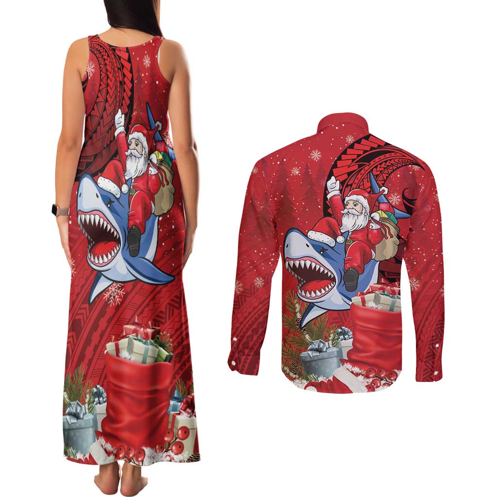 Funny Santa Riding Shark Couples Matching Tank Maxi Dress and Long Sleeve Button Shirt Polynesian Tribal Christmas Spirit LT9 - Polynesian Pride