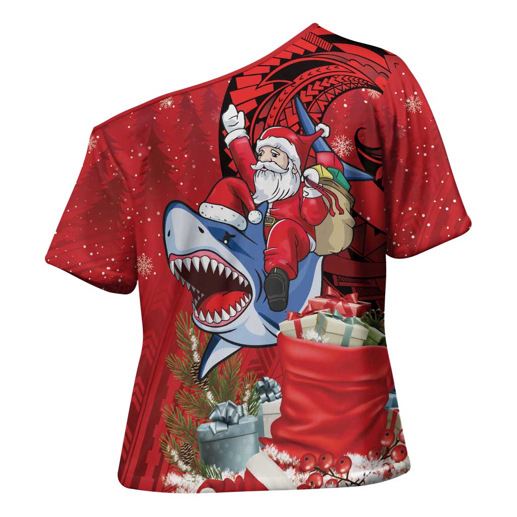 Funny Santa Riding Shark Cross Shoulder Shirt Polynesian Tribal Christmas Spirit - Polynesian Pride