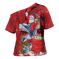 Funny Santa Riding Shark Cross Shoulder Shirt Polynesian Tribal Christmas Spirit - Polynesian Pride