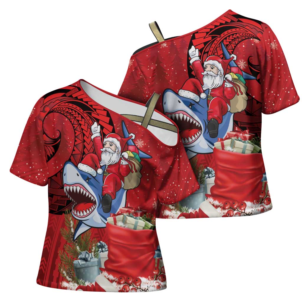 Funny Santa Riding Shark Cross Shoulder Shirt Polynesian Tribal Christmas Spirit - Polynesian Pride