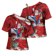 Funny Santa Riding Shark Cross Shoulder Shirt Polynesian Tribal Christmas Spirit - Polynesian Pride