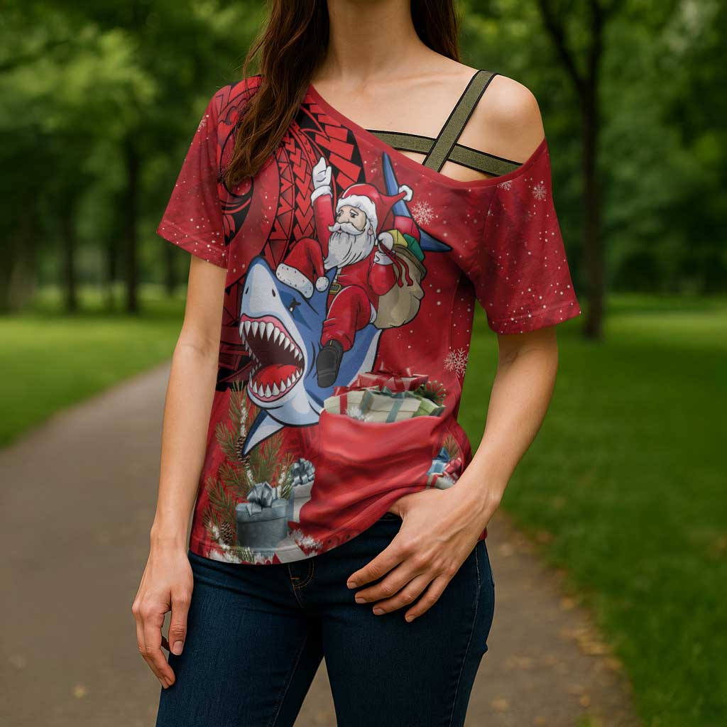 Funny Santa Riding Shark Cross Shoulder Shirt Polynesian Tribal Christmas Spirit - Polynesian Pride