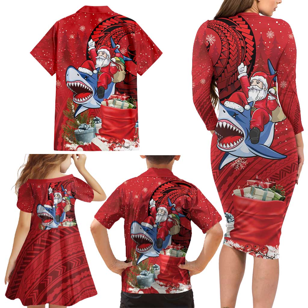 Funny Santa Riding Shark Family Matching Long Sleeve Bodycon Dress and Hawaiian Shirt Polynesian Tribal Christmas Spirit LT9 - Polynesian Pride