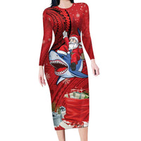 Funny Santa Riding Shark Family Matching Long Sleeve Bodycon Dress and Hawaiian Shirt Polynesian Tribal Christmas Spirit LT9 Mom's Dress Red - Polynesian Pride