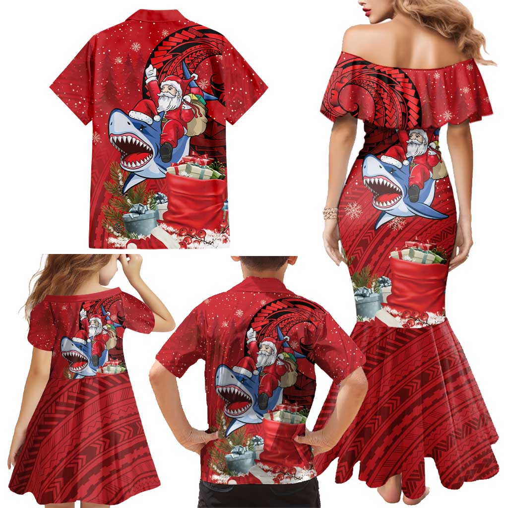 Funny Santa Riding Shark Family Matching Mermaid Dress and Hawaiian Shirt Polynesian Tribal Christmas Spirit LT9 - Polynesian Pride