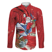 Funny Santa Riding Shark Family Matching Mermaid Dress and Hawaiian Shirt Polynesian Tribal Christmas Spirit LT9 Dad's Shirt - Long Sleeve Red - Polynesian Pride