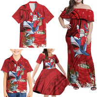 Funny Santa Riding Shark Family Matching Off Shoulder Maxi Dress and Hawaiian Shirt Polynesian Tribal Christmas Spirit LT9 - Polynesian Pride