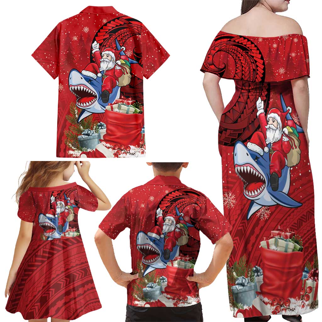 Funny Santa Riding Shark Family Matching Off Shoulder Maxi Dress and Hawaiian Shirt Polynesian Tribal Christmas Spirit LT9 - Polynesian Pride