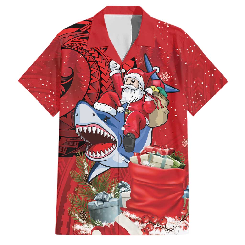 Funny Santa Riding Shark Family Matching Off Shoulder Maxi Dress and Hawaiian Shirt Polynesian Tribal Christmas Spirit LT9 Dad's Shirt - Short Sleeve Red - Polynesian Pride